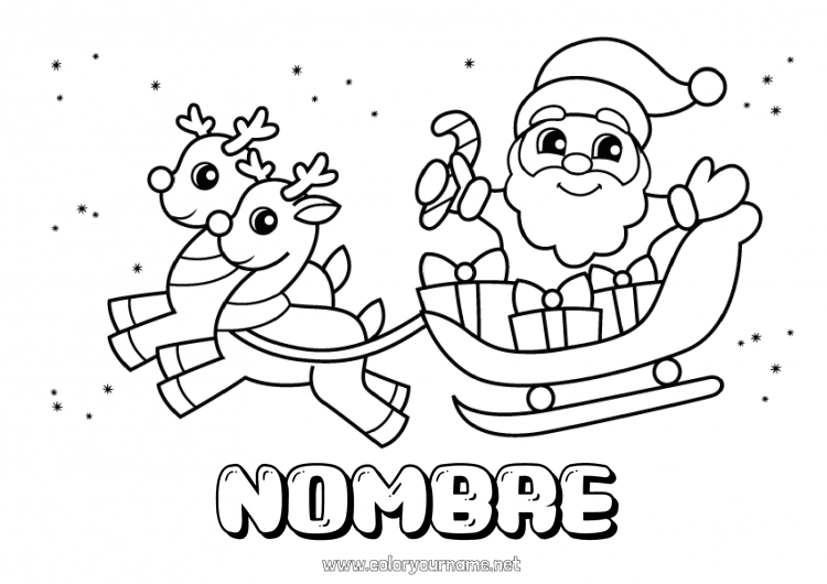 Dibujo para colorear para imprimir Regalos Papá Noel Reno Trineo Navidad Animales del bosque