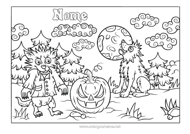 Página de desenho para imprimir Monstro Lobo Halloween Jack O'Lantern Animais da floresta Aterrorizante Lobisomem