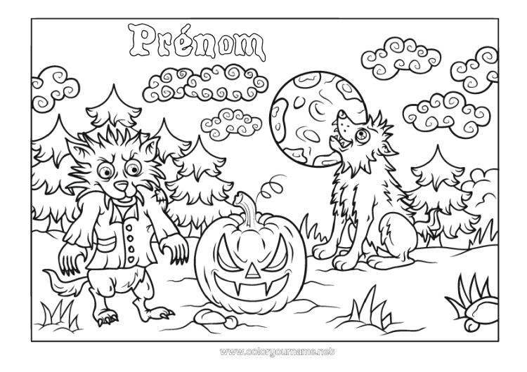 Coloriage à imprimer Monstre Loup Halloween Jack O'Lantern Animaux de la forêt Effrayant Loup garou