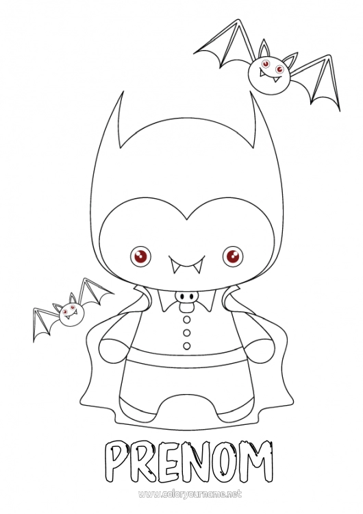 Coloriage à imprimer Vampire Chauve-souris Monstre Kawaii Oiseaux et mammifères volants