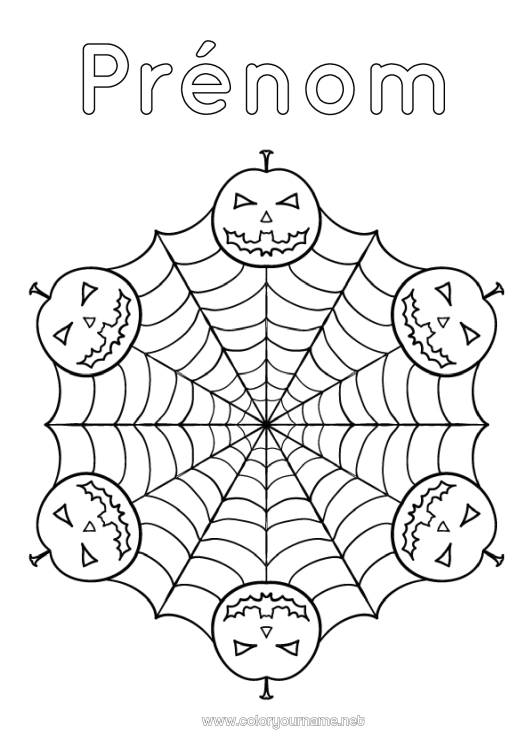 Coloriage à imprimer Citrouille Araignée Halloween Mandala Jack O'Lantern Animal Insectes Toile d'araignée