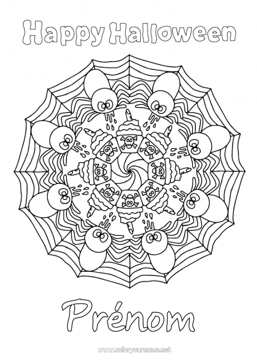 Coloriage à imprimer Araignée Halloween Mandala Cupcake Insectes Inscription "halloween" Toile d'araignée