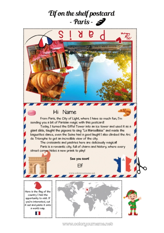 Coloring page to print France Paris Elf on the Shelf Trip Postcard Postcard of a SINGLE elf