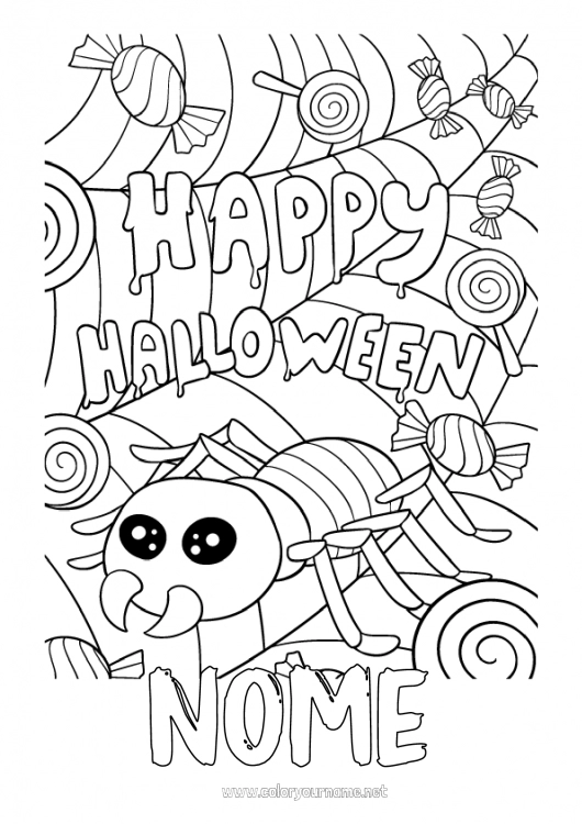 Pagina da colorare da stampare Ragno Halloween Insetti Iscrizione 