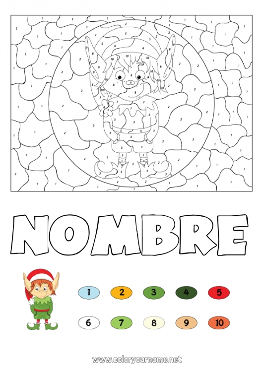 Dibujo para colorear para imprimir Elfos de navidad Navidad Número Colorear por números Actividades para niños