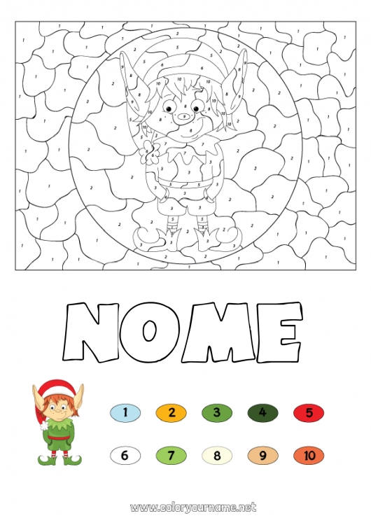 Pagina da colorare da stampare Elfo di Natale Natale Numero Colorare per numeri Attività per Bambini