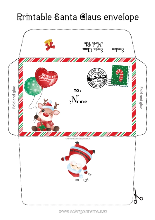 Pagina da colorare da stampare Babbo Natale Natale Busta Busta da stampare Viaggio dell'elfo di Natale Busta di Natale Busta per la posta dell'elfo di Natale