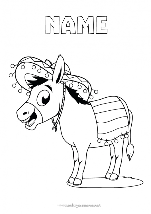 Coloring page to print Animal Mexico Farm animals Sombrero Donkey