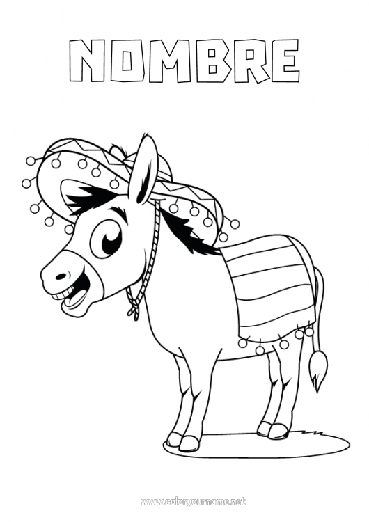 Dibujo para colorear para imprimir Animales México Animales de granja Sombrero Burro