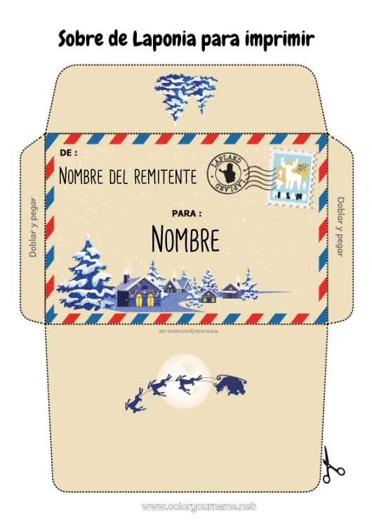 Dibujo para colorear para imprimir Navidad Sobre Sobre para imprimir Viaje del duende navideño Laponia Finlandia Sobre para el correo del elfo de Navidad