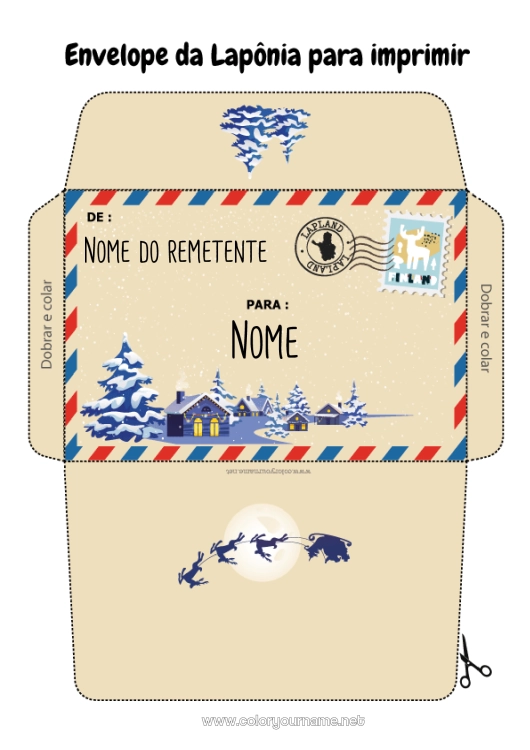 Página de desenho para imprimir Natal Envelope Envelope para imprimir Viagem do Elfo de Natal Lapônia Finlândia Envelope para correspondência do elfo de Natal