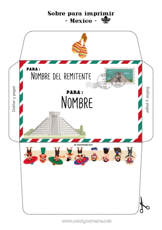 Dibujo para colorear para imprimir Sobre México Sobre para imprimir Viaje del duende navideño Sobre para el correo del elfo de Navidad