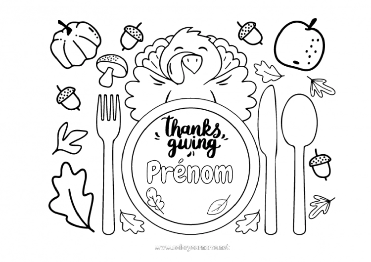 Coloriage à imprimer Citrouille Thanksgiving Dindon Champignon Animaux de la ferme Gland Assiette