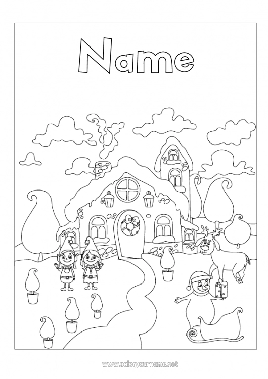 Coloring page to print Snow Christmas elves Elves coloring pages North Pole Santa's Workshop Lapland