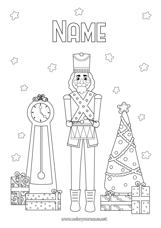 Coloring page to print Christmas tree Games and toys Nutcracker Clock