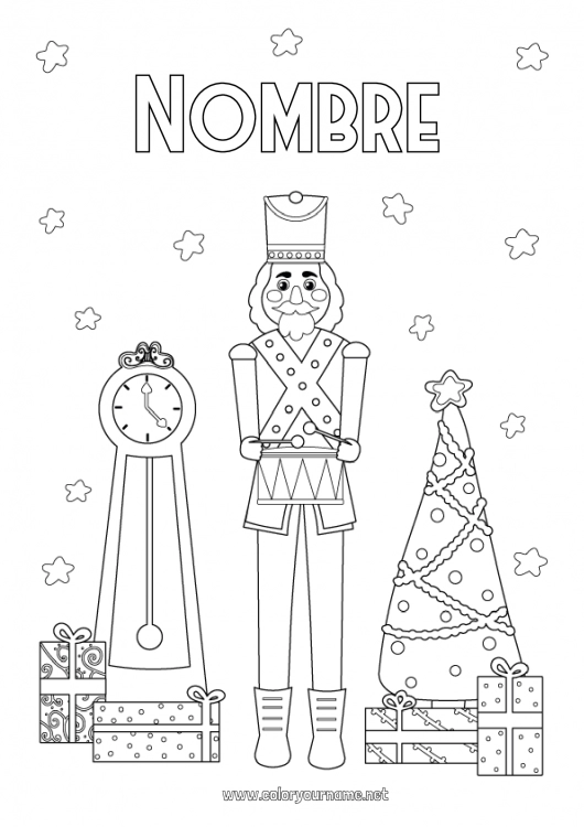 Dibujo para colorear para imprimir árbol de Navidad Juegos y juguetes Cascanueces Reloj