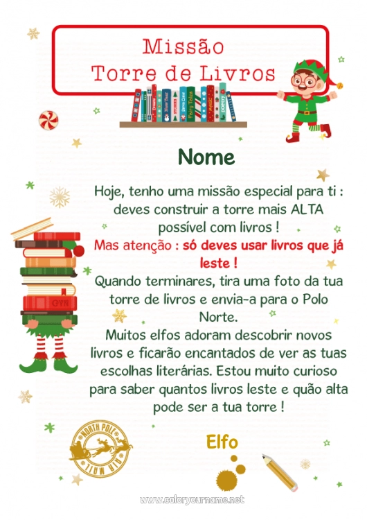 Página de desenho para imprimir Elfo de Natal Missão do Elfo de Natal Cartas de duendes travessos Livro Leitura