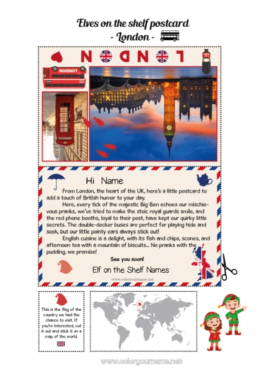 Coloring page to print London United Kingdom Elf on the Shelf Trip Postcard Postcard of SEVERAL elves