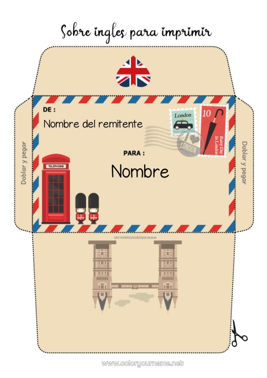 Dibujo para colorear para imprimir Sobre Londres Reino Unido Sobre para imprimir Viaje del duende navideño Sobre para el correo del elfo de Navidad