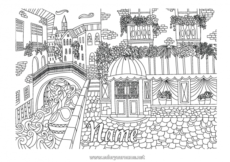 Coloring page to print Italy Complex coloring pages Zentangle Bridge