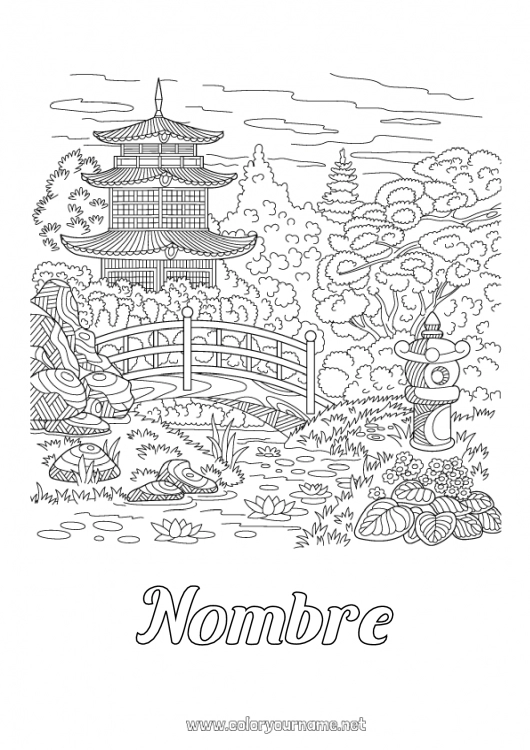 Dibujo para colorear para imprimir Japón China Dibujos complejos para colorear Zentangle Pagoda