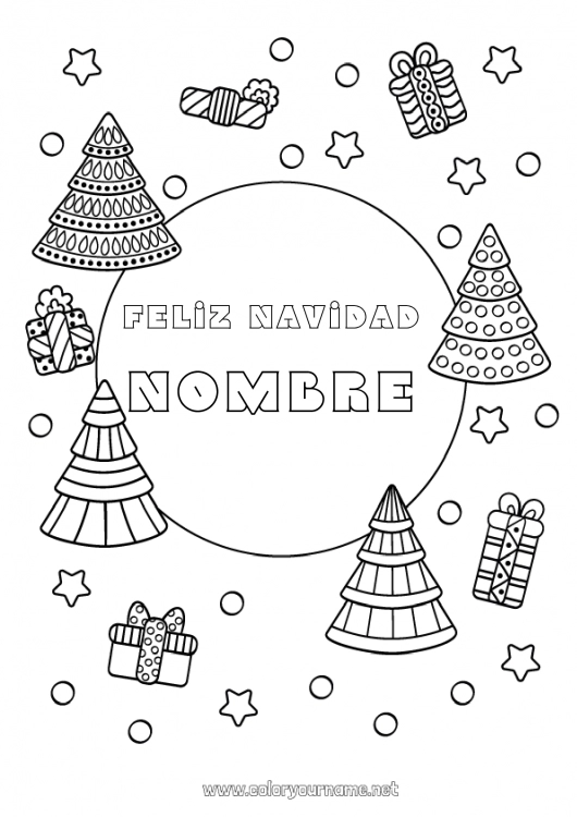 Dibujo para colorear para imprimir Regalos Navidad Zentangle Abeto Mensaje “Feliz Navidad”