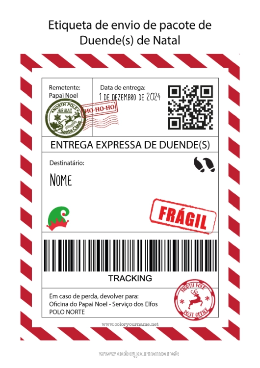 Página de desenho para imprimir Elfo de Natal Cartas de duendes travessos Etiqueta de envio Lutin