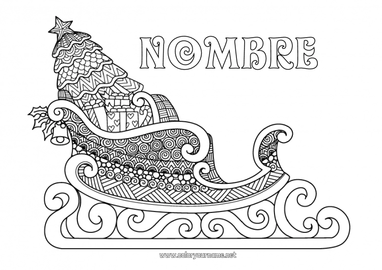 Dibujo para colorear para imprimir árbol de Navidad Trineo Navidad Vehículos Dibujos complejos para colorear Zentangle