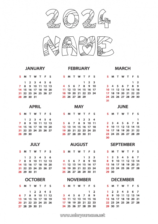 Coloring page to print 2024 Calendars and planners