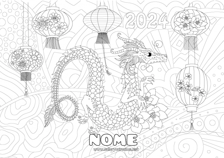 Pagina da colorare da stampare Drago Colorazioni complesse Zentangle Draghi, unicorni e animali fantastici 2024