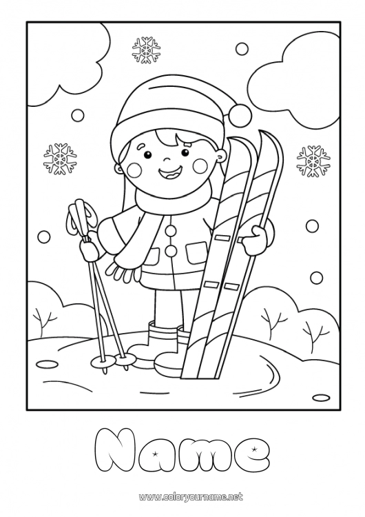 Coloring page to print Sport Snow Winter Scarf Christmas hat Ski Winter Sports