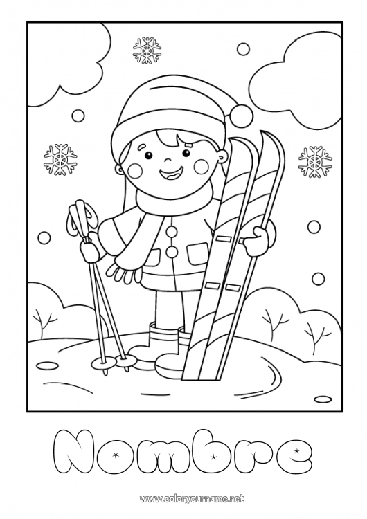 Dibujo para colorear para imprimir Sport Nieve Invierno Bufanda Gorro navideño Esquí Deportes de Invierno