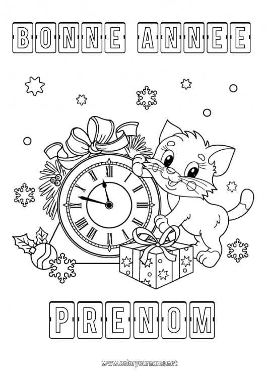 Coloriage à imprimer Chat Cadeaux Bonne année Chiens et chats Horloge