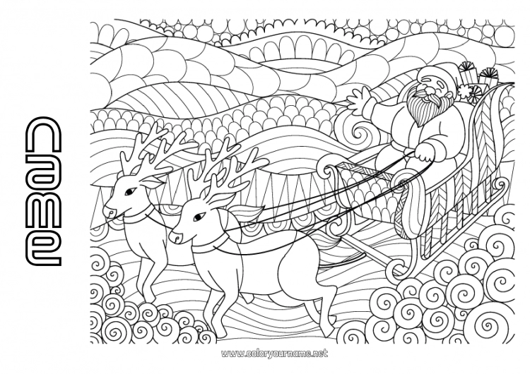 Coloring page to print Santa Claus Reindeer Sleigh Complex coloring pages Zentangle Forest animals