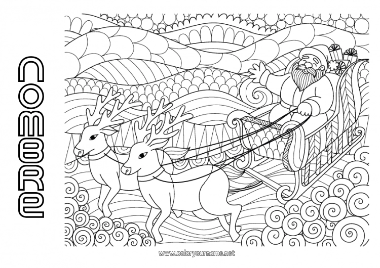 Dibujo para colorear para imprimir Papá Noel Reno Trineo Dibujos complejos para colorear Zentangle Animales del bosque