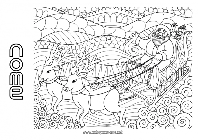 Pagina da colorare da stampare Babbo Natale Renna Slitta Colorazioni complesse Zentangle Animali della foresta