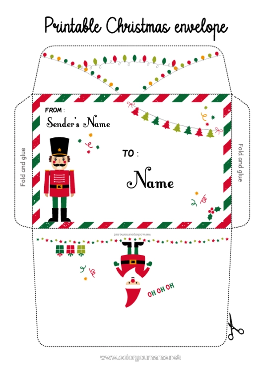 Coloring page to print Santa Claus Christmas Envelope Games and toys Envelope to print Nutcracker Christmas Envelope