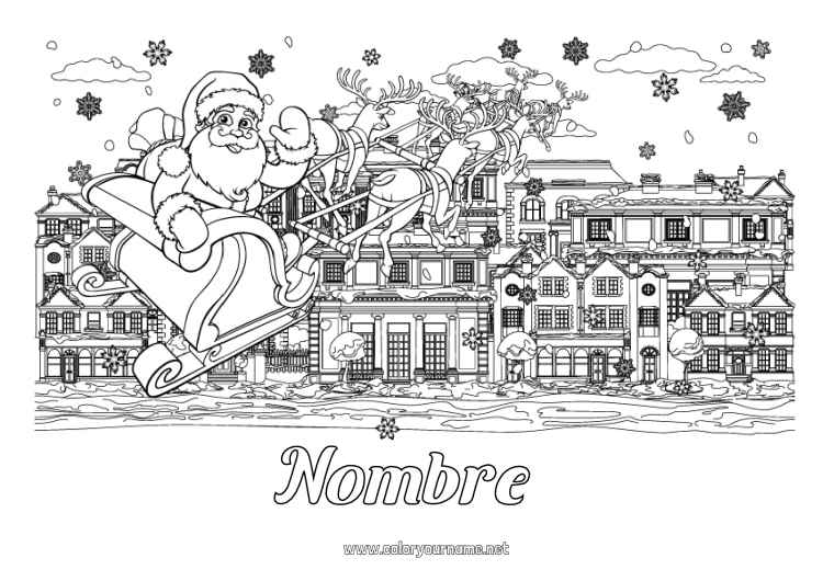 Dibujo para colorear para imprimir Papá Noel Trineo Dibujos complejos para colorear Paisaje urbano