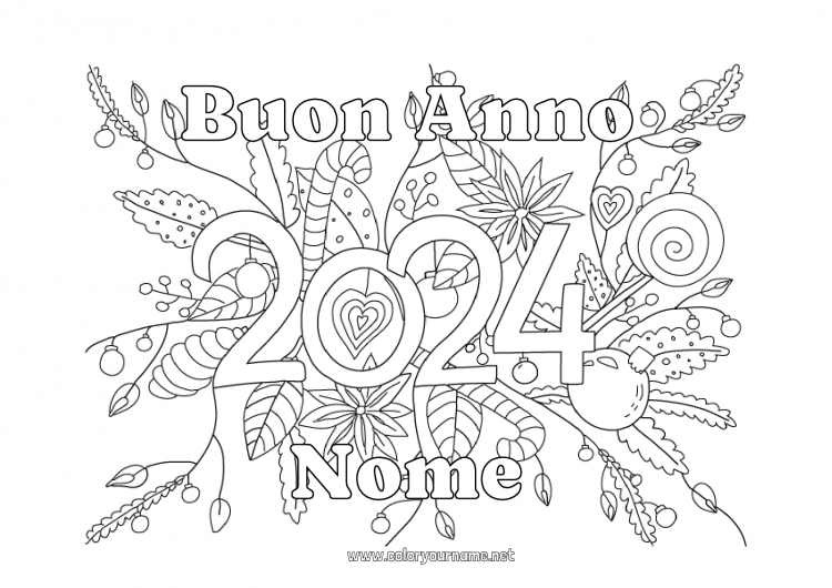 Pagina da colorare da stampare Fiori Buon Anno 2024