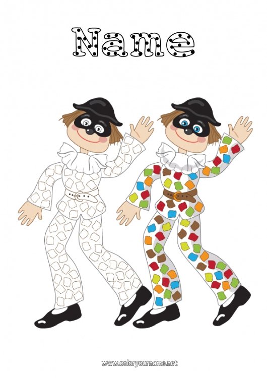 Coloring page to print Clown Children's activities Carnival Shrove Tuesday Coloring with a Model Harlequin