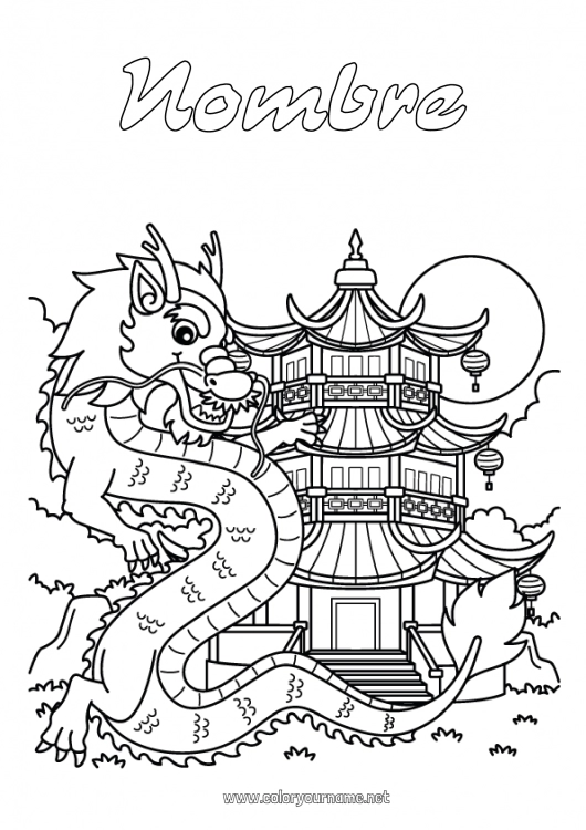 Dibujo para colorear para imprimir Dragón Año Nuevo chino China Dragones, unicornios y animales fantásticos Pagoda