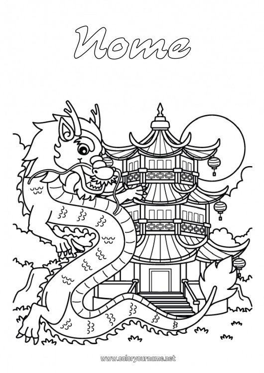 Página de desenho para imprimir Dragão Ano Novo Chinês China Dragões, unicórnios e animais fantásticos Pagode