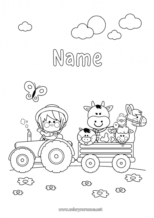 Coloring page to print Sheep Pig Vehicles Animal Cow Tractor Farm vehicles Farm Farm animals Farmer Farm Professions