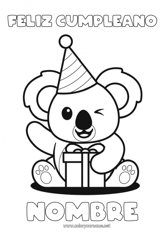 Dibujo para colorear para imprimir Lindo Regalos Cumpleaños Kawaii Fiesta Animales Koala Sombrero Dibujos fáciles para colorear Otros animales del mundo