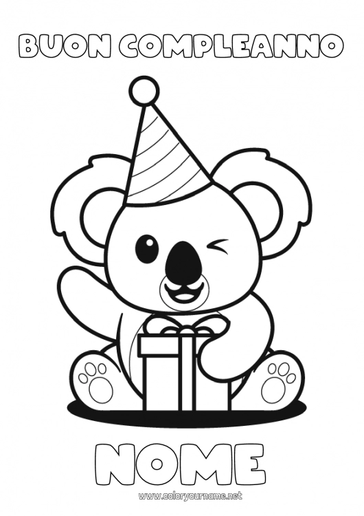 Pagina da colorare da stampare Carino Regali Compleanno Kawaii Festa Animale Koala Cappello Disegni da colorare facili Altri animali del mondo