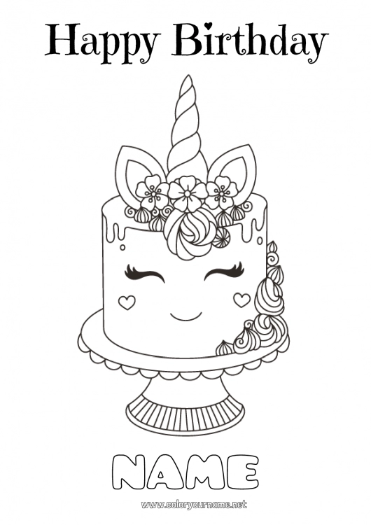 Coloring page to print Cake Birthday Kawaii Unicorn Animal Happy Birthday (English) Message Dragons, unicorns and fantastic animals