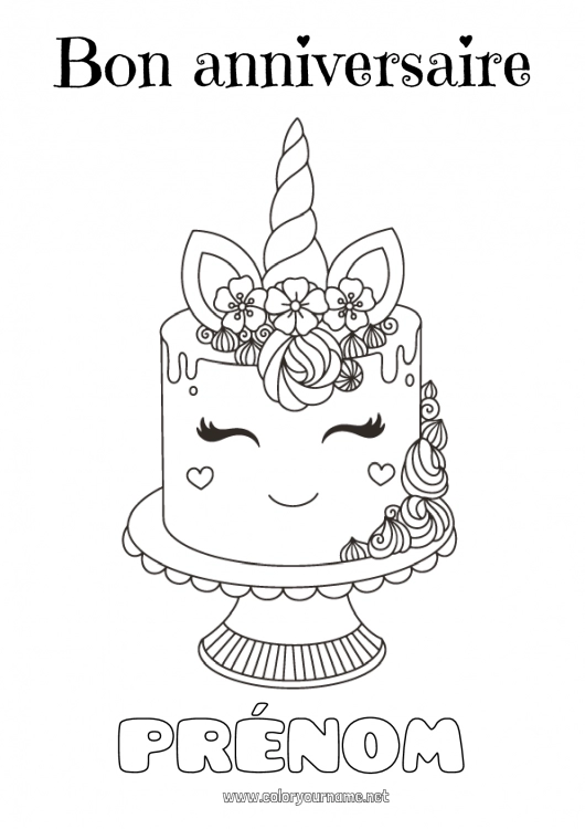 Coloriage à imprimer Gâteau Anniversaire Kawaii Licorne Animal Joyeux anniversaire (français) Message Dragons, licornes et animaux fantastiques