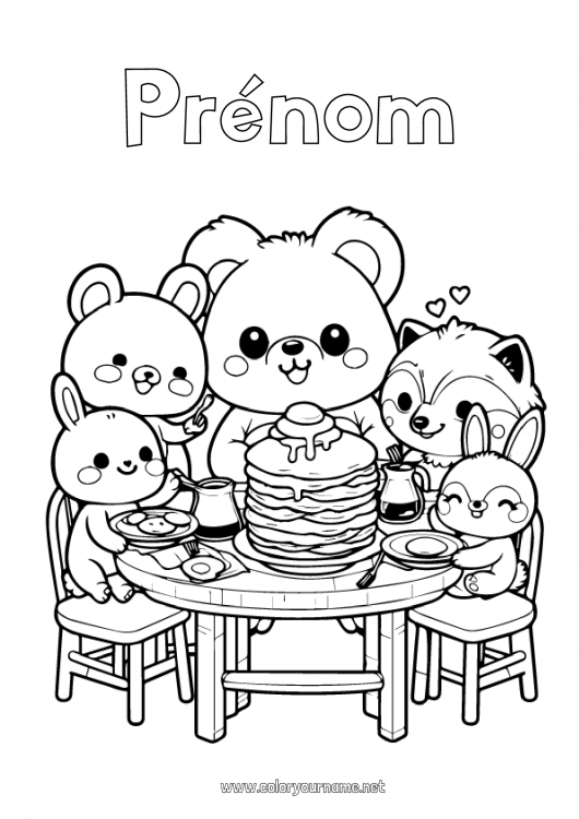 Coloriage à imprimer Ours Kawaii Renard Lapin Animal Chandeleur Crêpes Animaux de la forêt