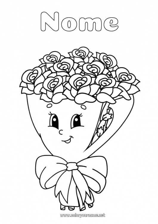 Página de desenho para imprimir Flores Kawaii Rosa Buquê