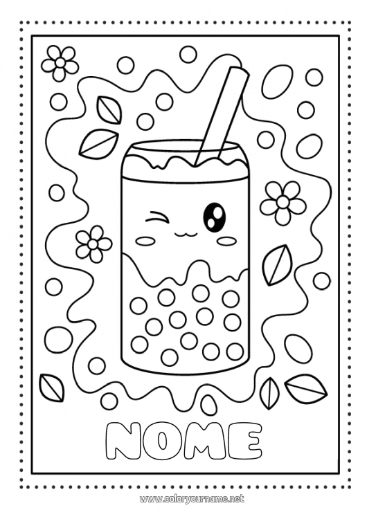 Pagina da colorare da stampare Kawaii Bevanda Bubble tea